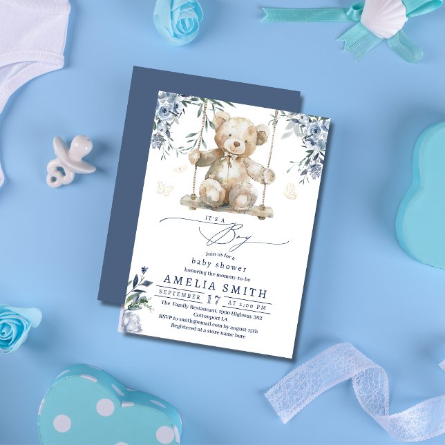 Söt Blå Akvarell Teddypojke Baby Shower Inbjudningar (Skapare uppladdad)