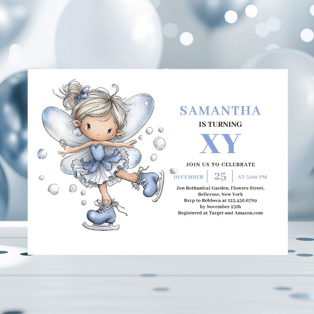 Söt Blå Älva Flicka 4-års Magisk inbjudan (Lovely Blue Fairy Girl 4th Birthday Magical invitation)