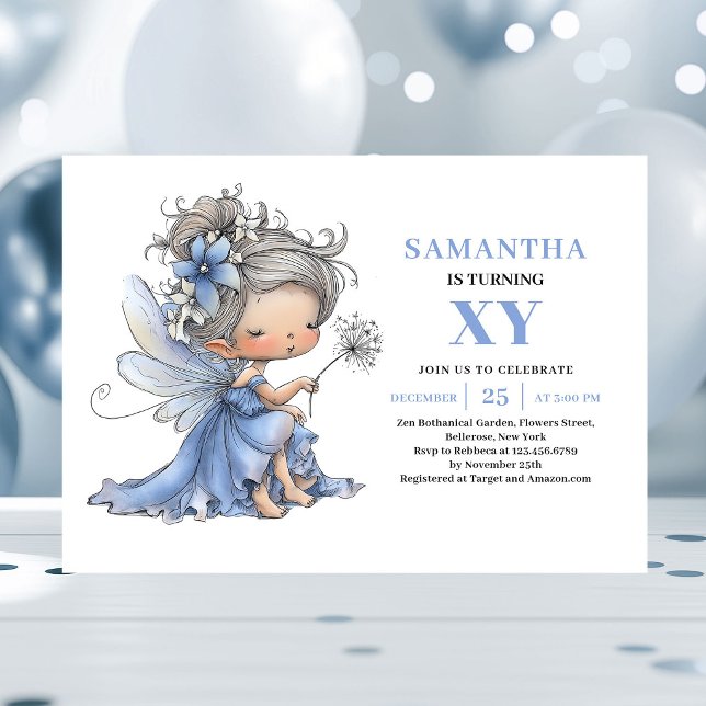 Söt Blå Älva Flicka 6-årsdag Pastell inbjudan (Cute Blue Fairy Girl 6th Birthday Pastel invitation)