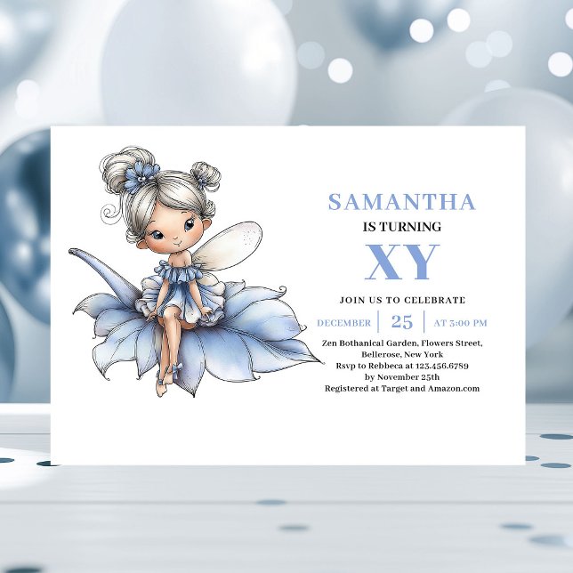 Söt Blå Älva Flickas 4-års Födelsedags Magiska Inb Inbjudningar (Sweet Blue Fairy Girl 4th Birthday Magical invitation)