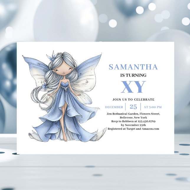 Söt Blå Älva Flickas 5-års Födelsedags Magiska Inb Inbjudningar (Pretty Blue Fairy Girl 5th Birthday Magical invitation)