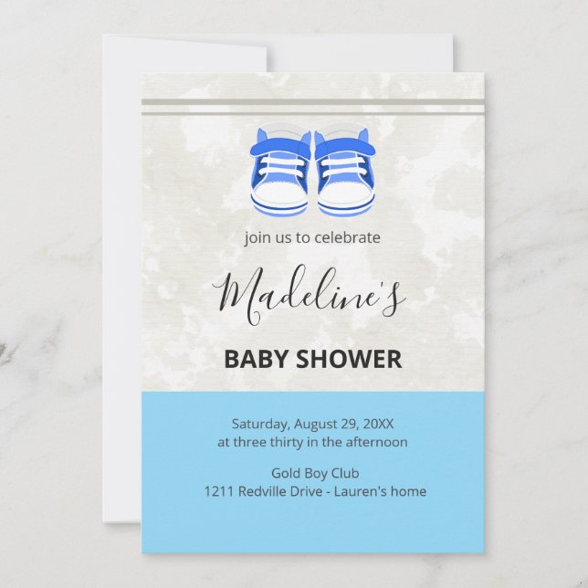 Söt blå baby shower inbjudan – Anpassad för baby p (Framsida)