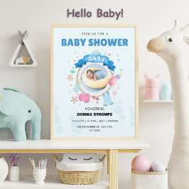Söt blå baby shower inbjudan med baby måne