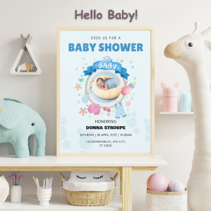 Söt blå baby shower inbjudan med baby måne