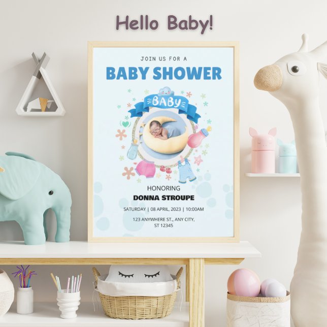 Söt blå baby shower inbjudan med baby måne (Skapare uppladdad)