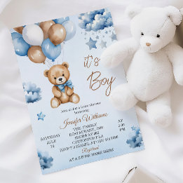 Söt blå ballong Teddy Baby Pojke Duscht Inbjudningar