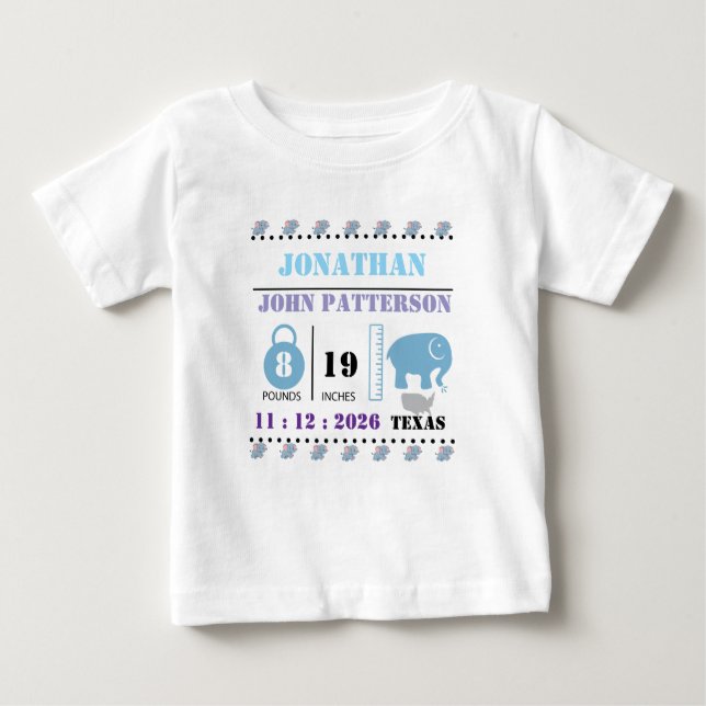 Söt blå bebis elefant födelse tillkännagivande t shirt (Framsida)