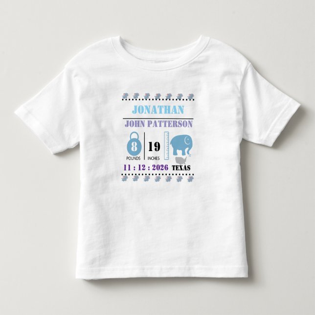 Söt blå bebis elefant födelse tillkännagivande t shirt (Framsida)