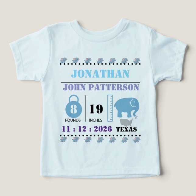 Söt blå bebis elefant födelse tillkännagivande t shirt (Design Framsida)