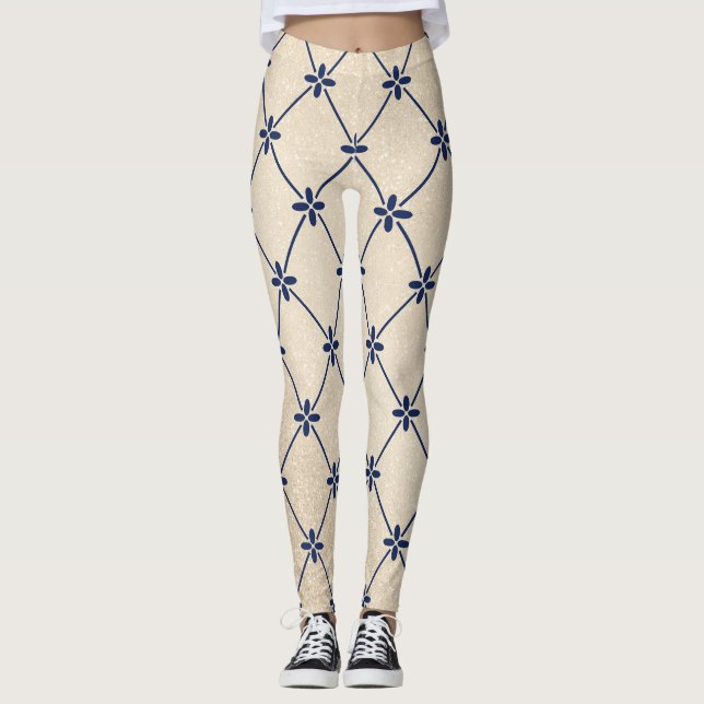 Söt blå blomdetaljleggins leggings (Framsida)