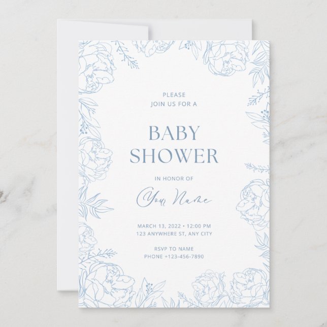 Söt blå blomma baby shower inbjudan  (Framsida)