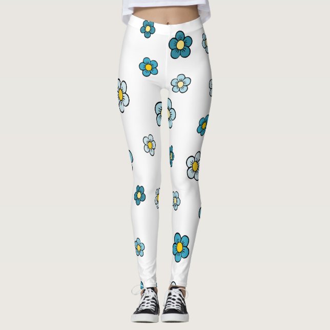 Söt Blå Blomma Vit Leggings (Framsida)