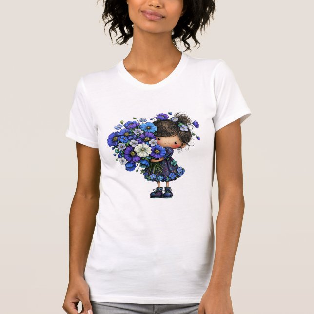 Söt Blå Blommig Flickbukett Konst Design T Shirt (Framsida)