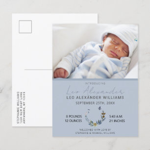 Söt Blå Boho Blommig Baby Pojke Foto Födelse Medde Meddelande Vykort