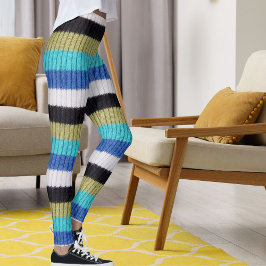 Söt blå brun svart vit randig stickad mönster leggings