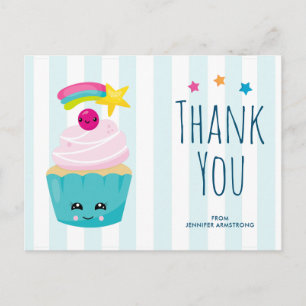 Söt blå cupcake med Kawaii-ansikte födelsedag tack Vykort
