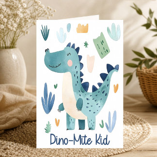 Söt blå dinosaurie för Dino Mite Kid Kort