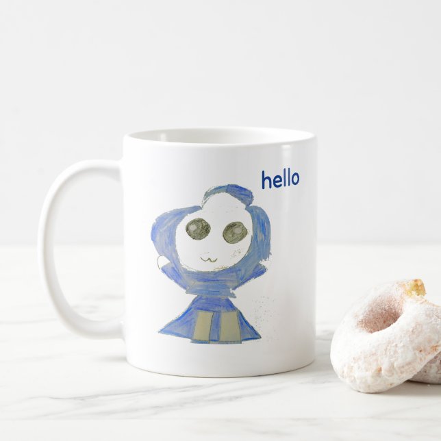 Söt blå docka kritteckeningen kaffemugg (Med munk)