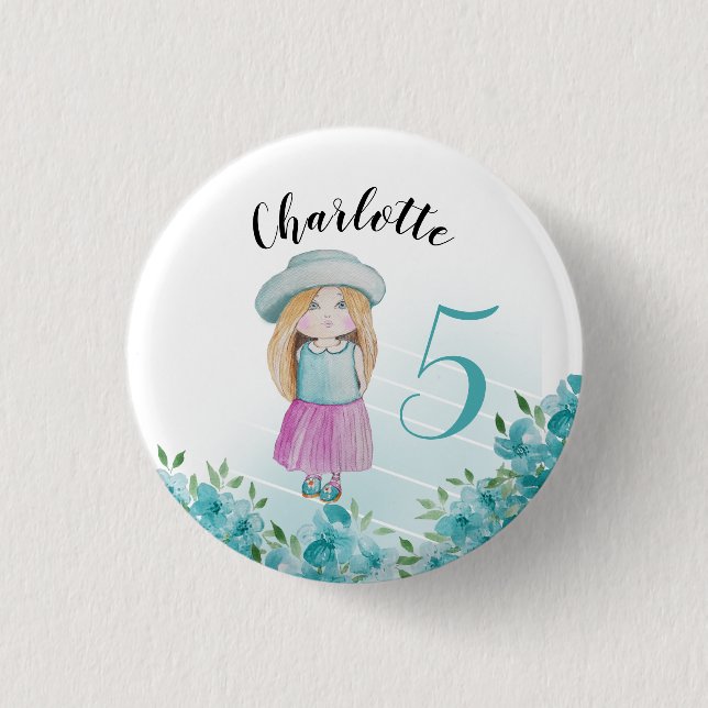 Söt blå doll vattenfärg Hand-målad Knapp (Framsida)
