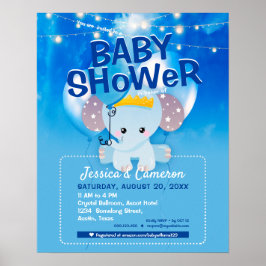 Söt Blå Elefant & Ballonger Babyfest Flyer Poster