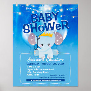 Söt Blå Elefant & Ballonger Babyfest Flyer Poster