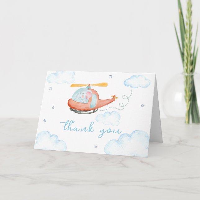 Söt Blå Elefant Helikopter Baby Shower Tack Kort (Framsida)