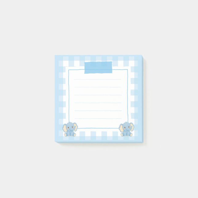Söt Blå Elefant Kawaii Gingham Anteckningsblock Post-it Block (Framsida)