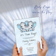 Söt blå elefant tvillingar baby shower inbjudan