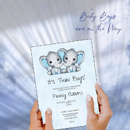Söt blå elefant tvillingar baby shower inbjudan