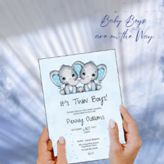 Söt blå elefant tvillingar baby shower inbjudan