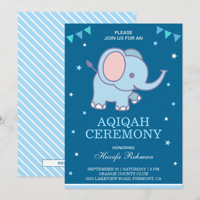 Söt blå elefantbaby pojke Aqiqah Inbjudningar (Fram/baksida)