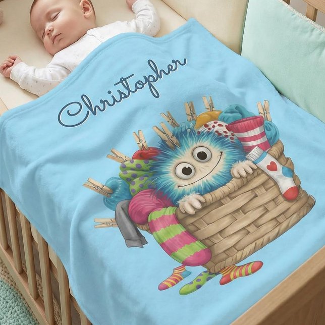 Söt Blå Fluffig Strumpmonster Barn Design Fleecefilt (Skapare uppladdad)