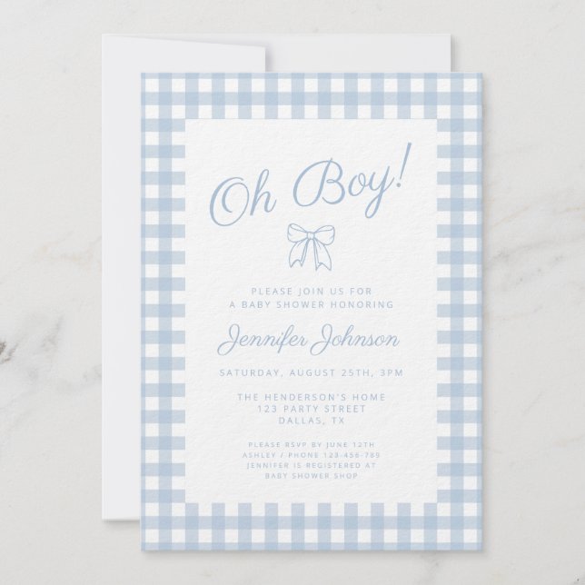 Söt blå gingham båge pojke baby shower inbjudningar (Framsida)
