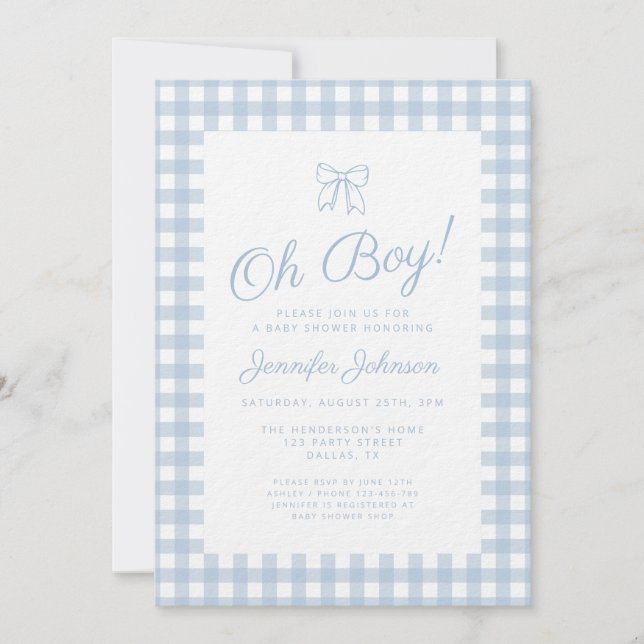 Söt blå ginghambåge pojke baby shower inbjudningar (Framsida)
