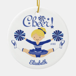 Söt blå glädje blond cheerleader personlig julgransprydnad keramik