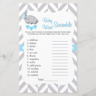 Söt Blå & Grå Elefant Baby Shower - Ordlek