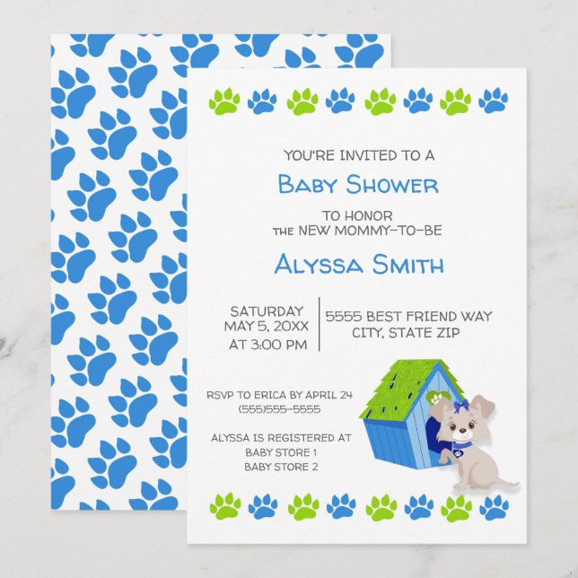 Söt Blå Grön Valp Hund Baby Shower Inbjudan (Fram/baksida)