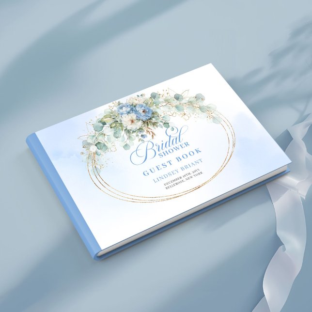 Söt Blå Guld Blommig Bröllopsfest Gästbok (Sweet Blue Gold Floral Bridal Shower Guest Book)
