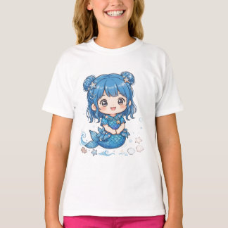 Söt Blå Hav Siren Tjej T-Shirt - Kawaii Chib
