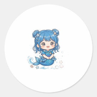 Söt Blå Hav Siren Tjej T-Shirt - Kawaii Chib Runt Klistermärke