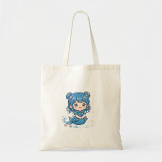 Söt Blå Hav Siren Tjej T-Shirt - Kawaii Chib Tygkasse