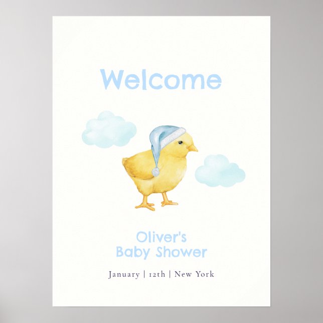 Söt blå himmel moln kyckling baby shower välkomsts poster (Framsidan)