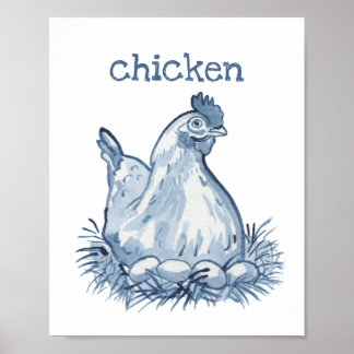 Söt Blå Höna Kyckling Akvarell Djur Natur Poster