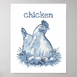 Söt blå höna Vattenfärg Djur Natur Poster