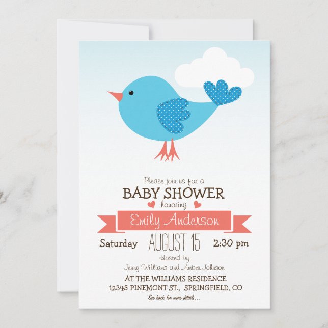 Söt blå & korallfågel Baby Shower eller Sprinkle Inbjudningar (Framsida)