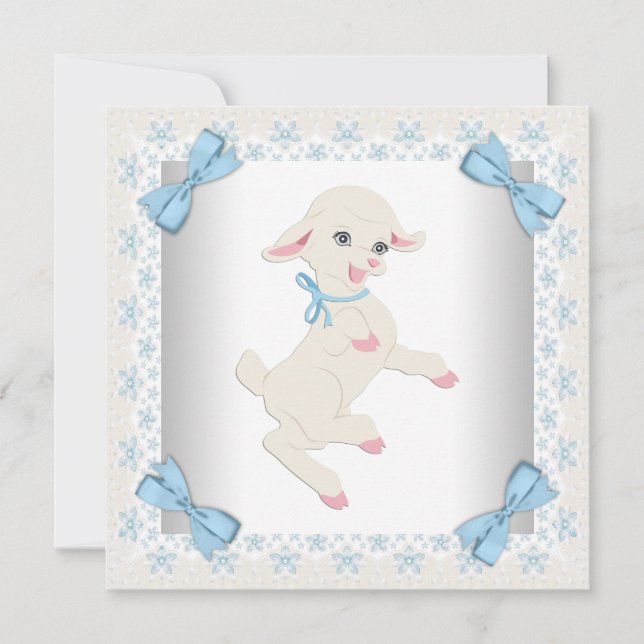 Söt Blå Lamm Baby Pojke Bebis Shower Inbjudningar (Framsida)
