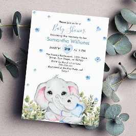 Söt blå Mamma Baby Elephant Baby Shower Inbjudningar