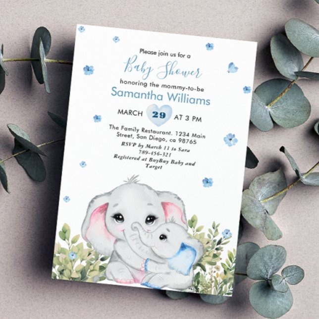 Söt blå Mamma Baby Elephant Baby Shower Inbjudningar (Skapare uppladdad)