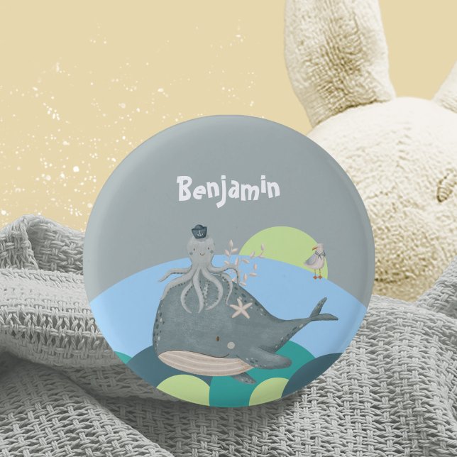 Söt Blå Marin Val Bläckfisk Bebis-fest Knapp (Sweet Blue Nautical Whale Baby Shower Button ©Susanne Sachers - Sunny Mind Design 🌞)