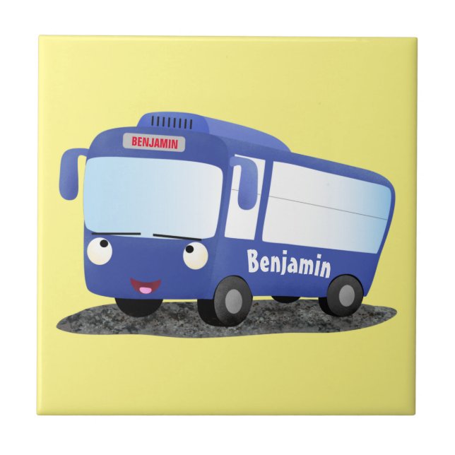 Söt blå modern buss serieillustration kakelplatta (Framsidan)